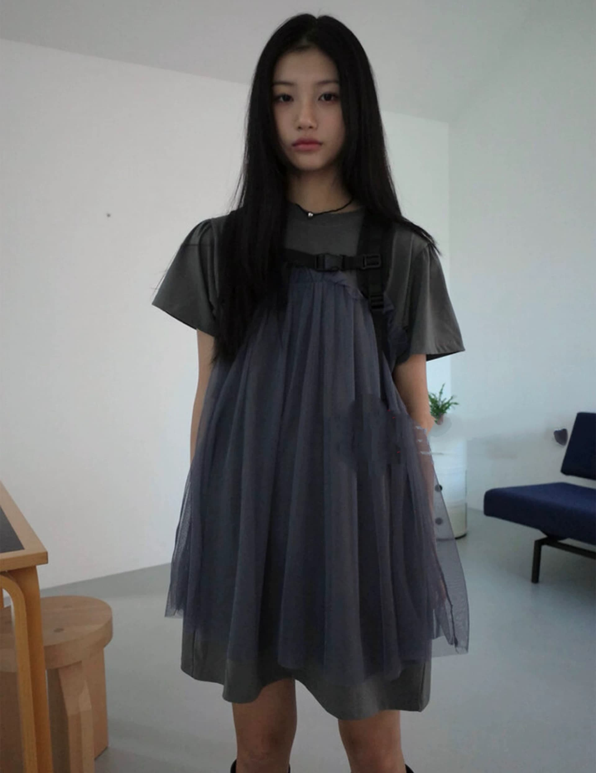 3 색 여름 한국 디자인 단색 패치워크 망사 소녀 바람 반팔 루즈핏 드레스 가짜 둘 일본식 상세 이미지 26