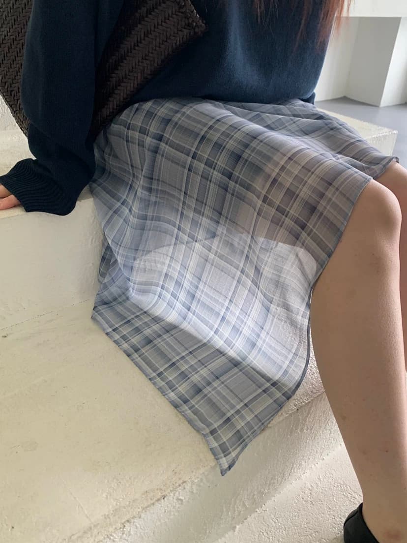 2 색 입력 한국 여름 레트로 체크무늬 프린트 쉬폰 불규칙 치마 외부 가져 가라. 시스루 반신 스커트 미니 스커트 상세 이미지 4