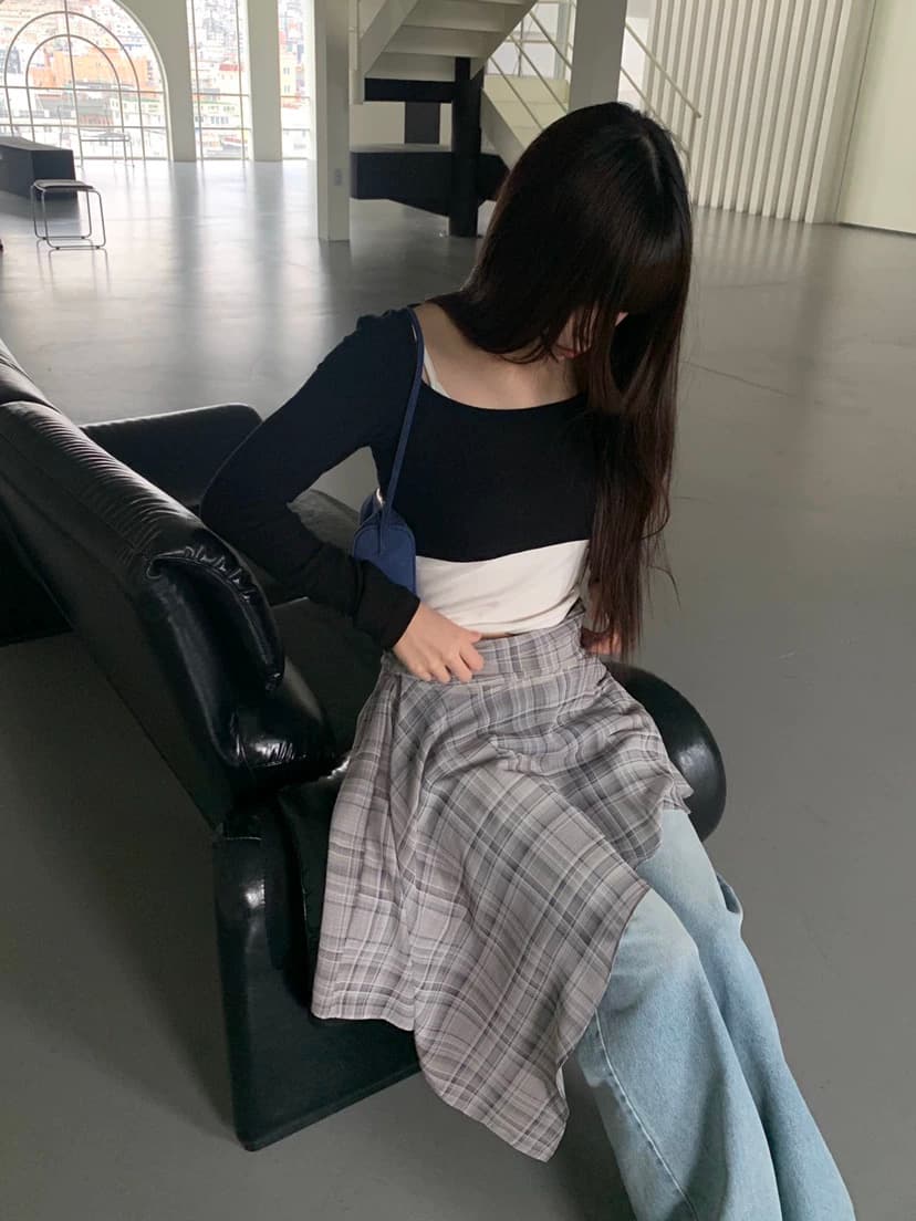 2 색 입력 한국 여름 레트로 체크무늬 프린트 쉬폰 불규칙 치마 외부 가져 가라. 시스루 반신 스커트 미니 스커트 상세 이미지 10