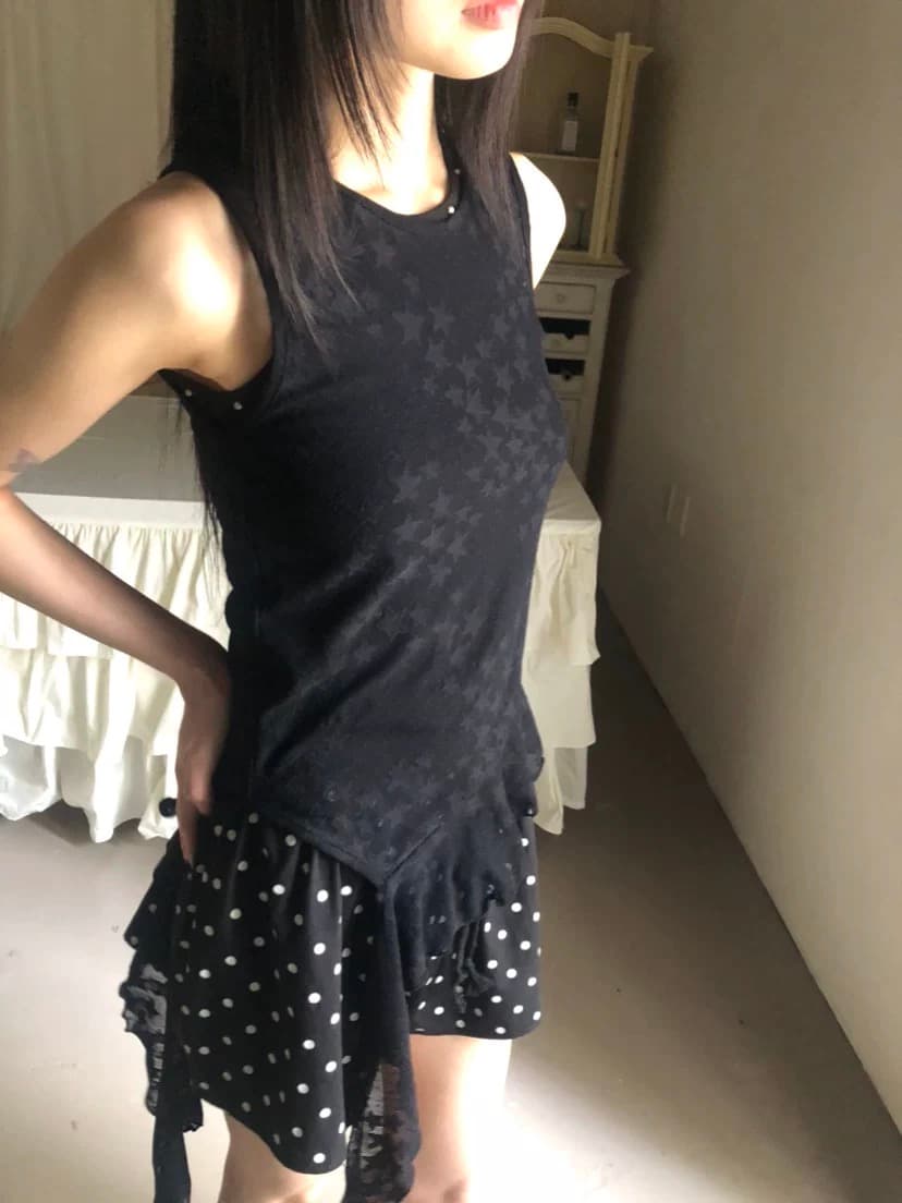 여름 새로운 2 색 입력 일본식 오각형 별 레이스 하라주쿠 스타일 조끼 밑단 불규칙 민소매 상세 이미지 31