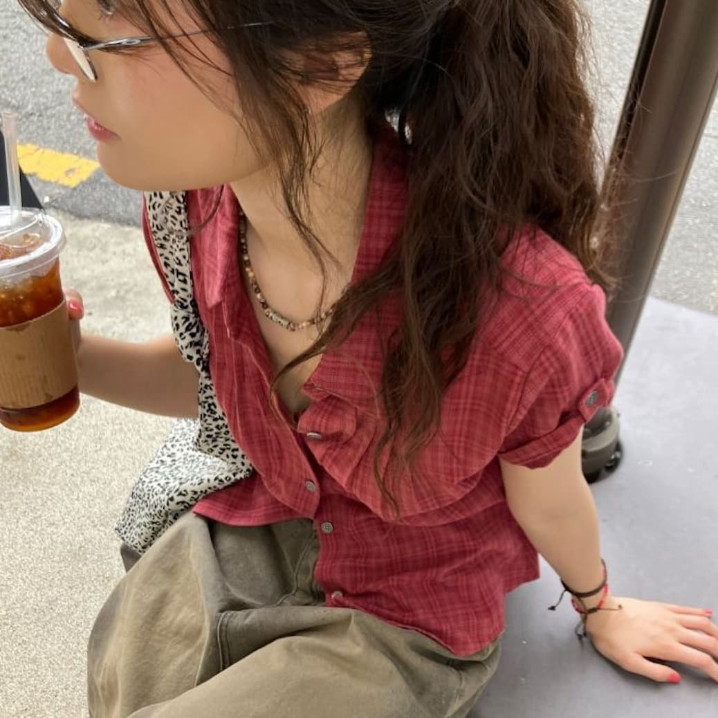3 색 한국 여름 레트로 주름 체크무늬 반팔 셔츠 셔츠 일본식 맨위 고대 바람 학원 스타일 이미지 5