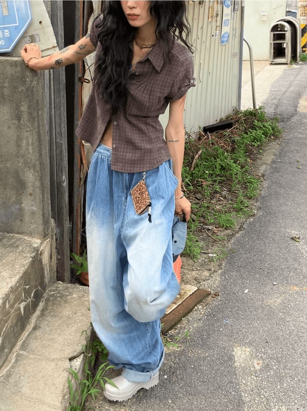 3 색 한국 여름 레트로 주름 체크무늬 반팔 셔츠 셔츠 일본식 맨위 고대 바람 학원 스타일 상세 이미지 17