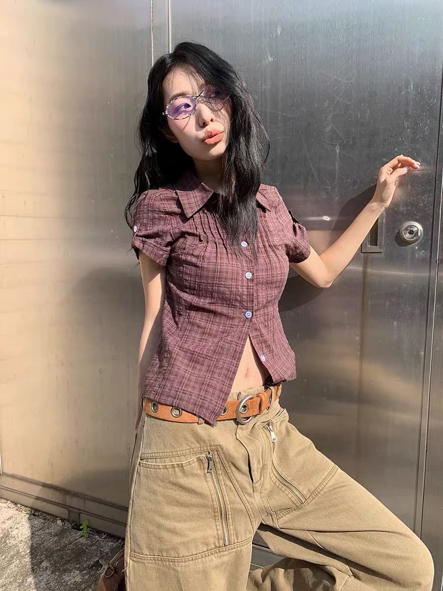 3 색 한국 여름 레트로 주름 체크무늬 반팔 셔츠 셔츠 일본식 맨위 고대 바람 학원 스타일 상세 이미지 23