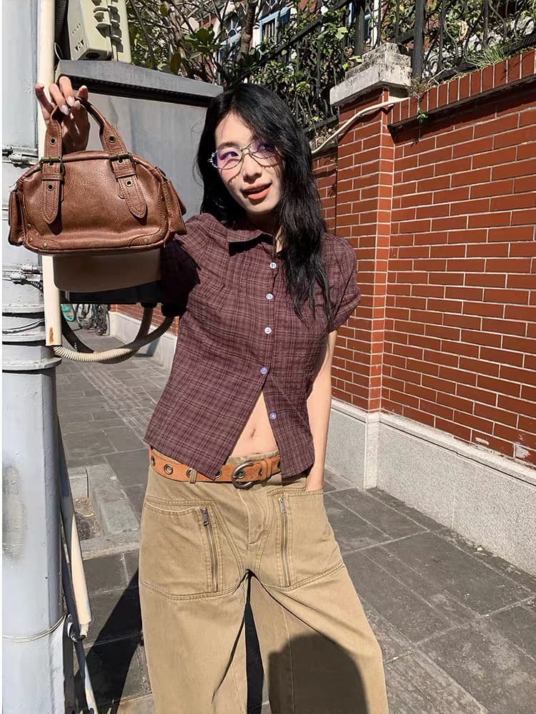 3 색 한국 여름 레트로 주름 체크무늬 반팔 셔츠 셔츠 일본식 맨위 고대 바람 학원 스타일 상세 이미지 24