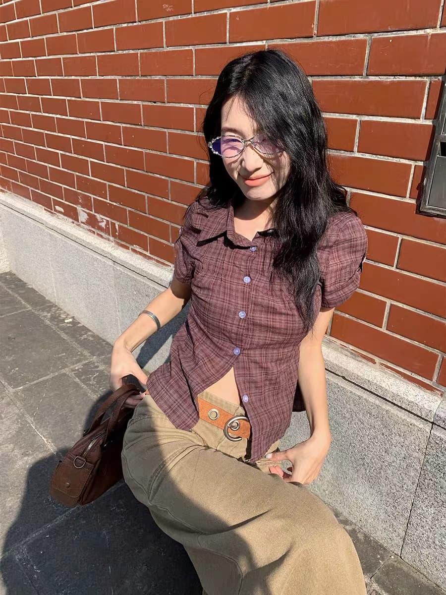 3 색 한국 여름 레트로 주름 체크무늬 반팔 셔츠 셔츠 일본식 맨위 고대 바람 학원 스타일 상세 이미지 26