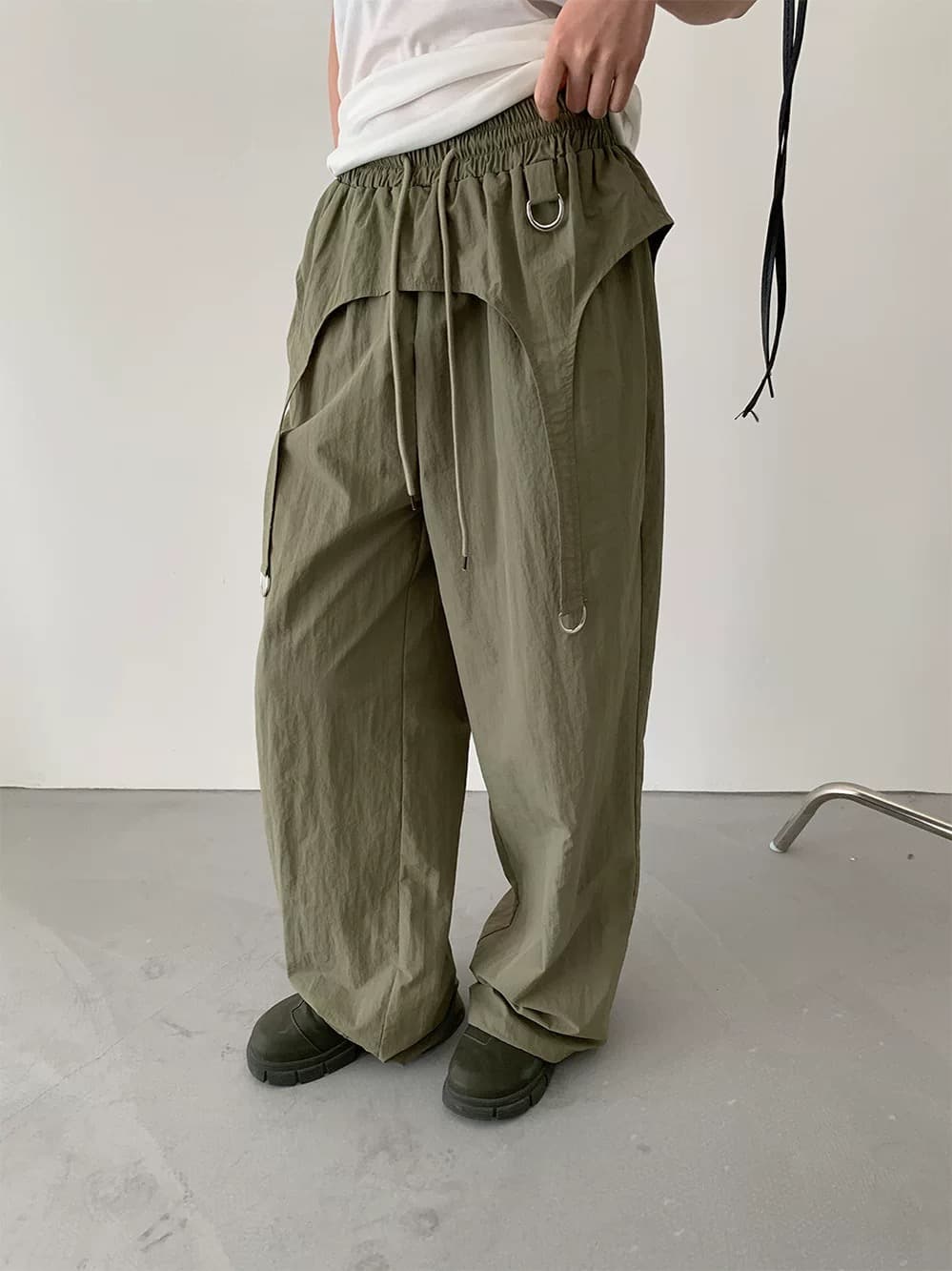 삼색 여름 한국 ins 레트로 잘 생긴 중성 불규칙 금속 버클 장식 나일론 긴 바지 스트레이트 팬츠