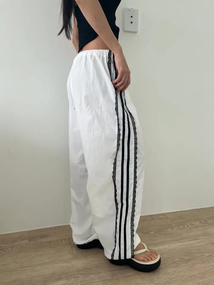 이른 가을 한국 ins 측면 레이스 레이스 패치워크 리본 운동 레트로 나일론 얇은 스타일 캐주얼 루즈핏 긴 바지 이미지 4
