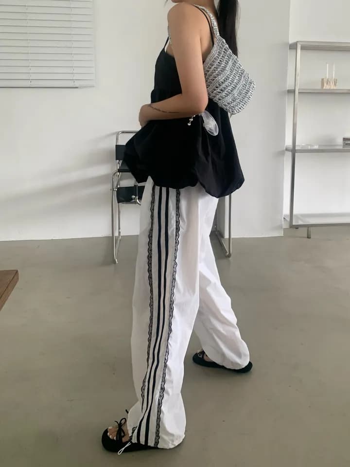 이른 가을 한국 ins 측면 레이스 레이스 패치워크 리본 운동 레트로 나일론 얇은 스타일 캐주얼 루즈핏 긴 바지 상세 이미지 2