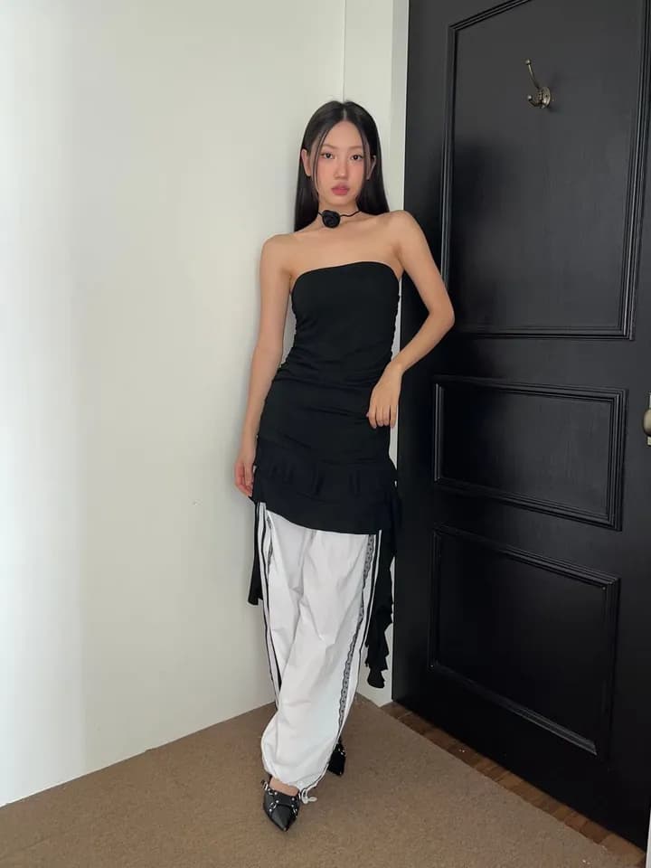 이른 가을 한국 ins 측면 레이스 레이스 패치워크 리본 운동 레트로 나일론 얇은 스타일 캐주얼 루즈핏 긴 바지 상세 이미지 7