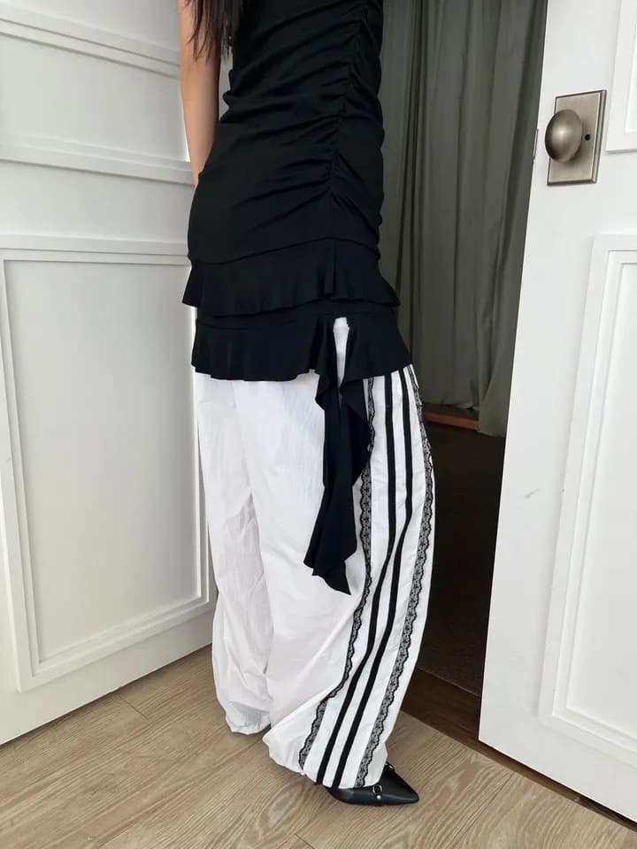 이른 가을 한국 ins 측면 레이스 레이스 패치워크 리본 운동 레트로 나일론 얇은 스타일 캐주얼 루즈핏 긴 바지 상세 이미지 8