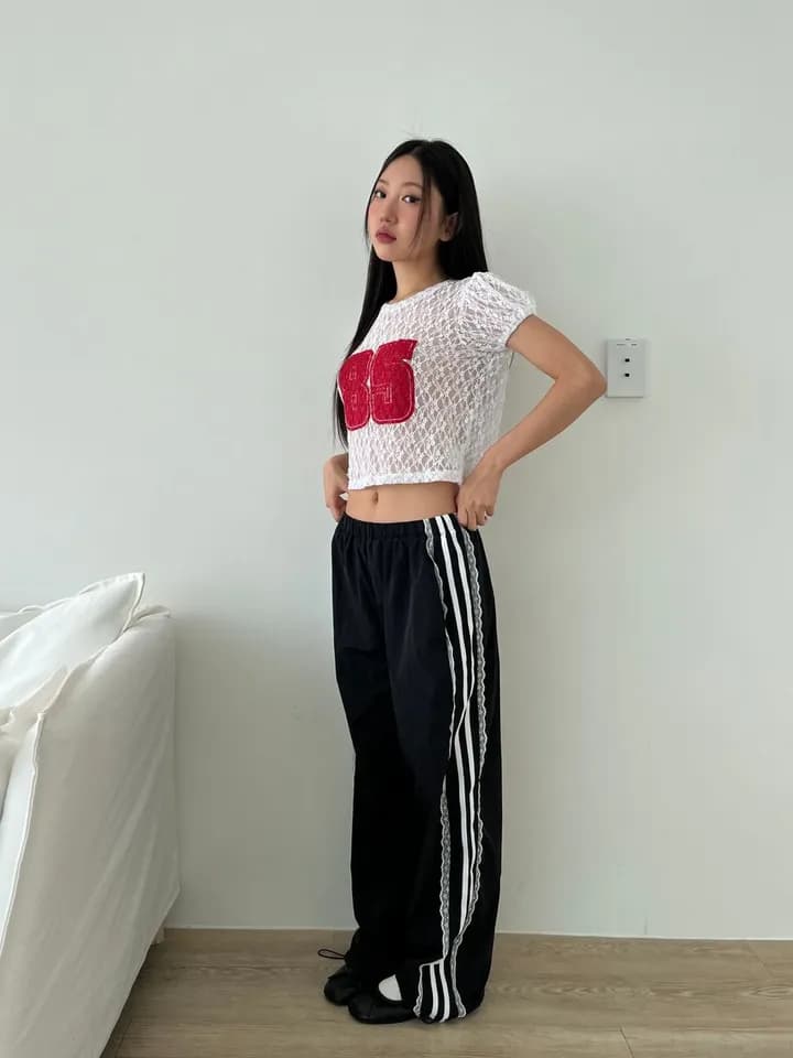 이른 가을 한국 ins 측면 레이스 레이스 패치워크 리본 운동 레트로 나일론 얇은 스타일 캐주얼 루즈핏 긴 바지 상세 이미지 20