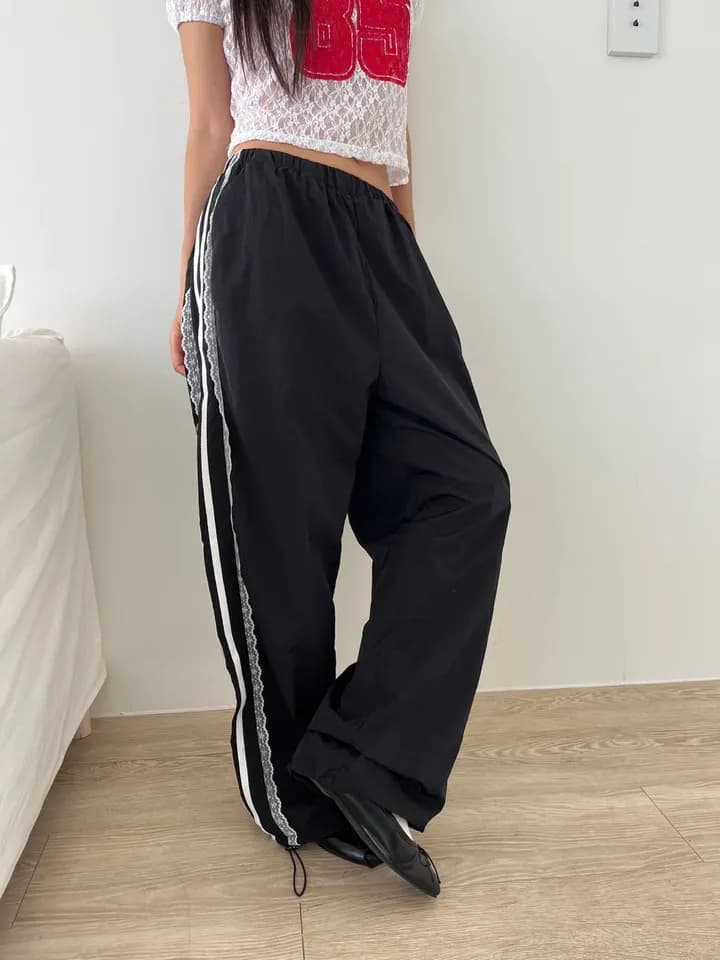 이른 가을 한국 ins 측면 레이스 레이스 패치워크 리본 운동 레트로 나일론 얇은 스타일 캐주얼 루즈핏 긴 바지 상세 이미지 21