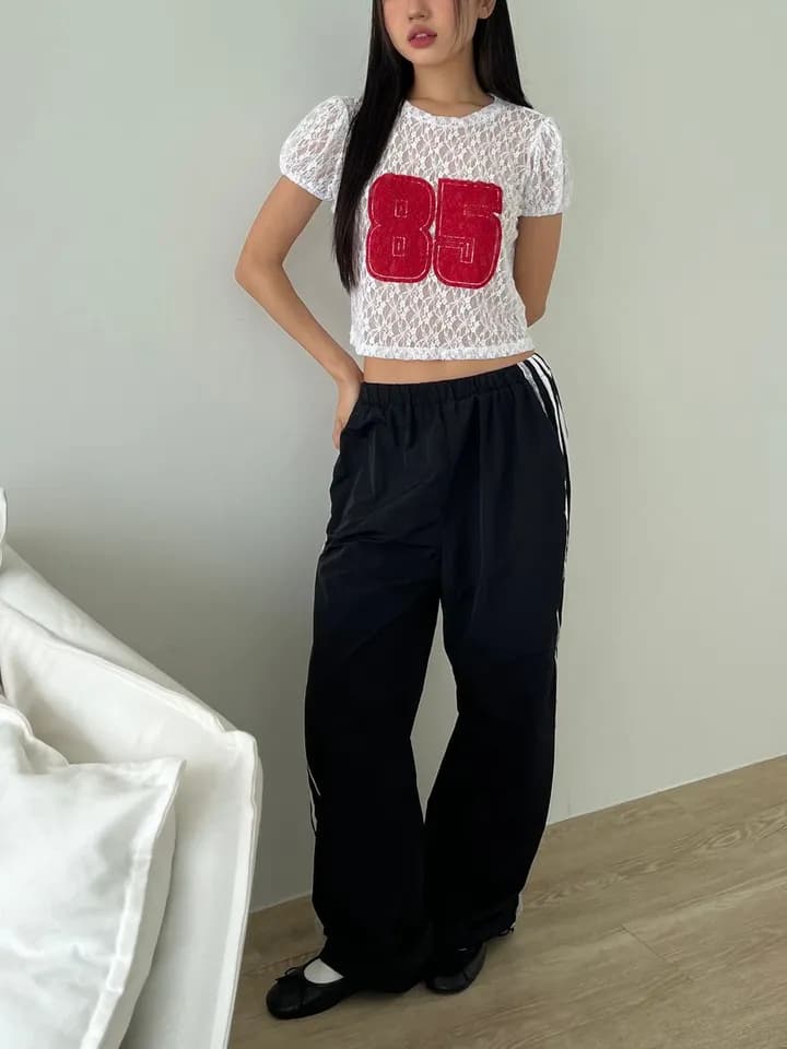 이른 가을 한국 ins 측면 레이스 레이스 패치워크 리본 운동 레트로 나일론 얇은 스타일 캐주얼 루즈핏 긴 바지 상세 이미지 23