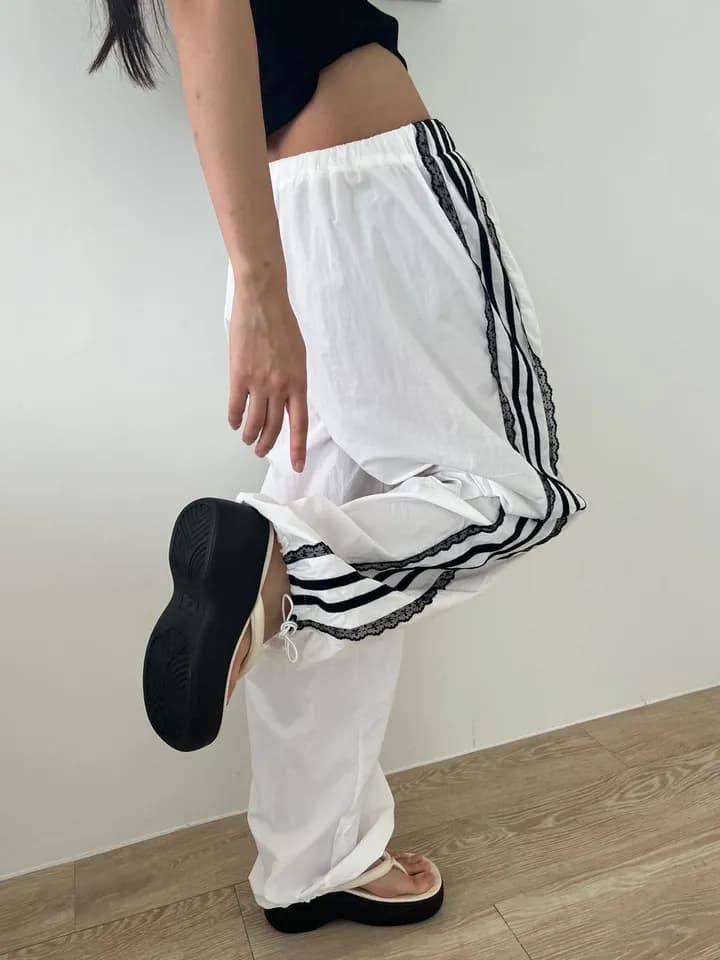 이른 가을 한국 ins 측면 레이스 레이스 패치워크 리본 운동 레트로 나일론 얇은 스타일 캐주얼 루즈핏 긴 바지 상세 이미지 27