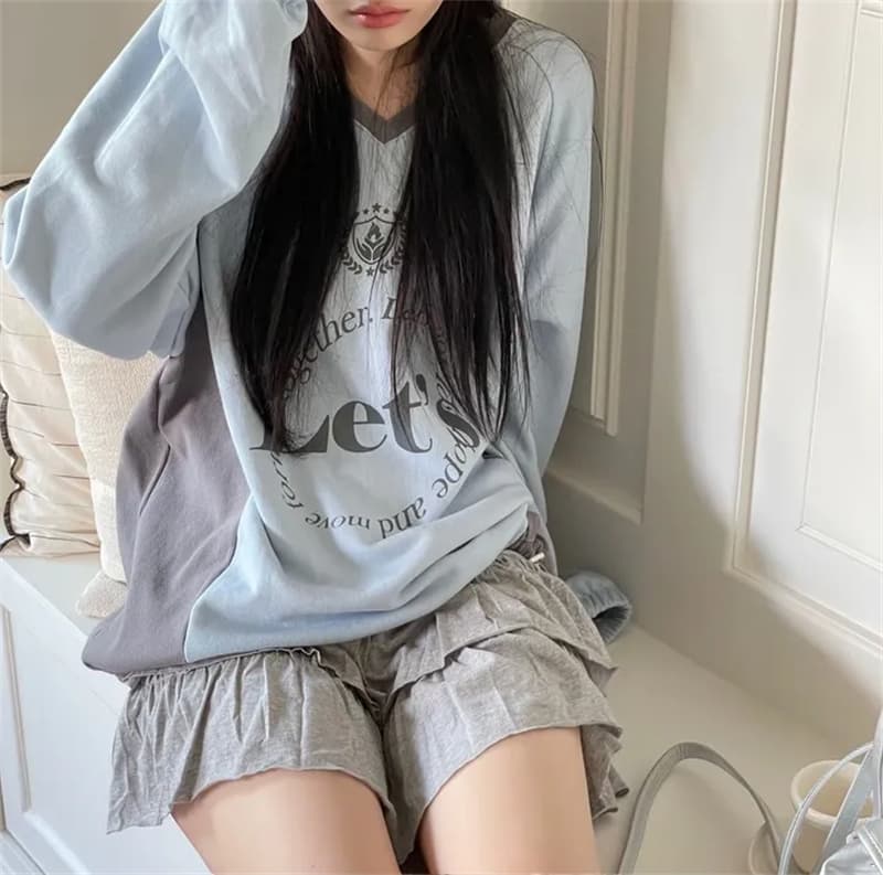 가을 한국 일본식 하라주쿠 알파벳 거리 레트로 프린트 배색 패치워크 V넥 운동 후드티 루즈핏 상세 이미지 7