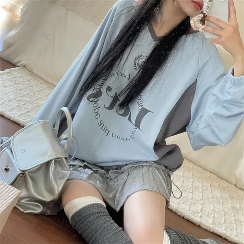 가을 한국 일본식 하라주쿠 알파벳 거리 레트로 프린트 배색 패치워크 V넥 운동 후드티 루즈핏 상세 이미지 9