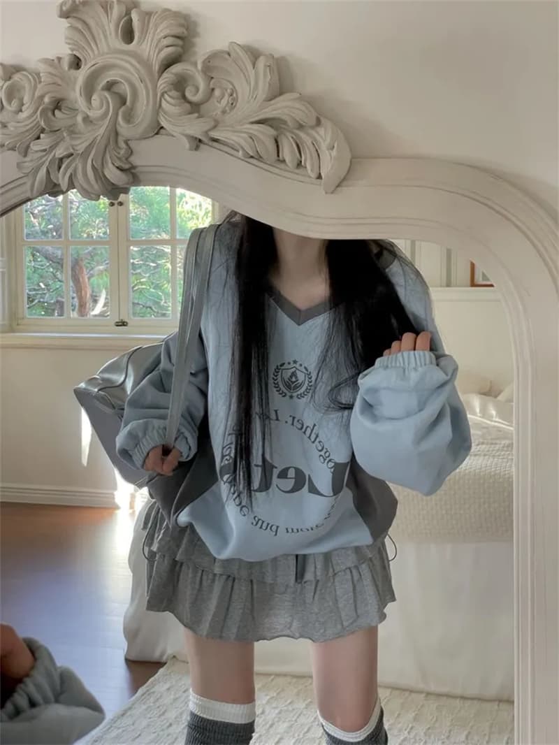 가을 한국 일본식 하라주쿠 알파벳 거리 레트로 프린트 배색 패치워크 V넥 운동 후드티 루즈핏 상세 이미지 10