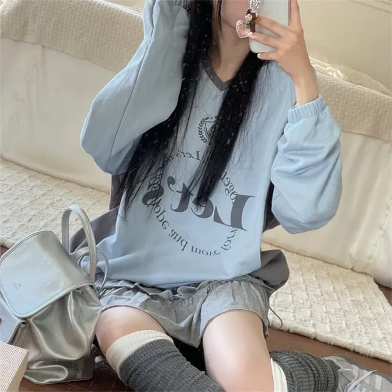 가을 한국 일본식 하라주쿠 알파벳 거리 레트로 프린트 배색 패치워크 V넥 운동 후드티 루즈핏 상세 이미지 11