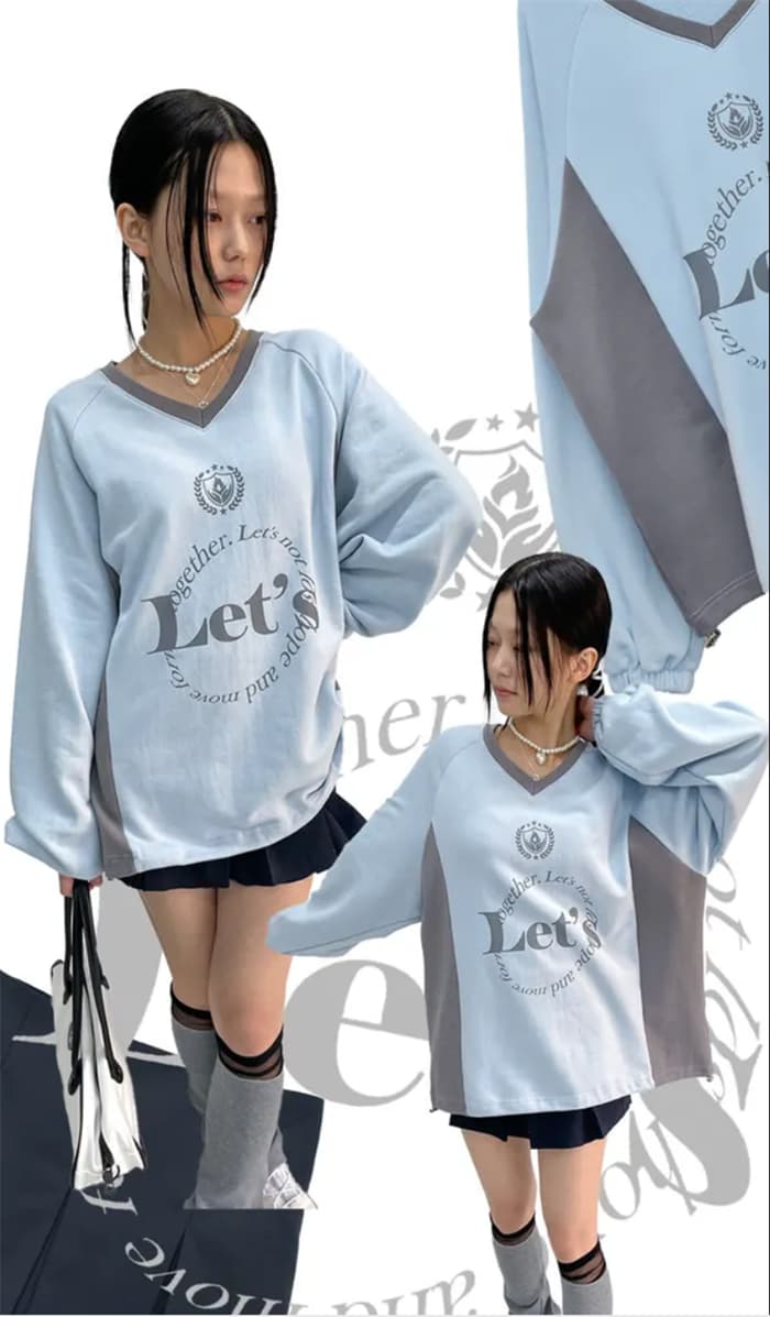 가을 한국 일본식 하라주쿠 알파벳 거리 레트로 프린트 배색 패치워크 V넥 운동 후드티 루즈핏 상세 이미지 23