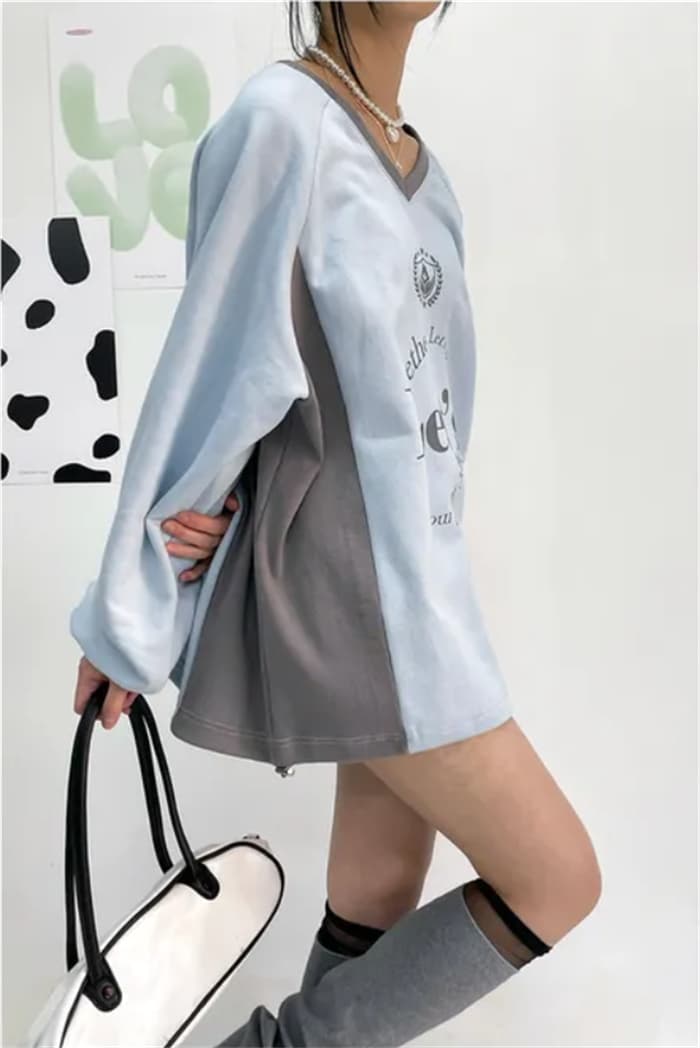 가을 한국 일본식 하라주쿠 알파벳 거리 레트로 프린트 배색 패치워크 V넥 운동 후드티 루즈핏 상세 이미지 24