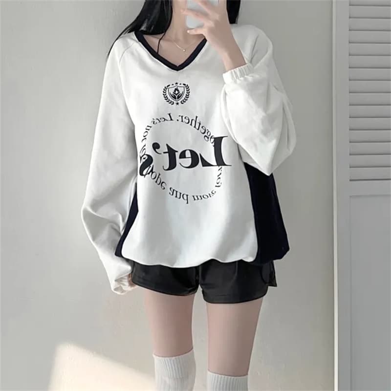 가을 한국 일본식 하라주쿠 알파벳 거리 레트로 프린트 배색 패치워크 V넥 운동 후드티 루즈핏 상세 이미지 31