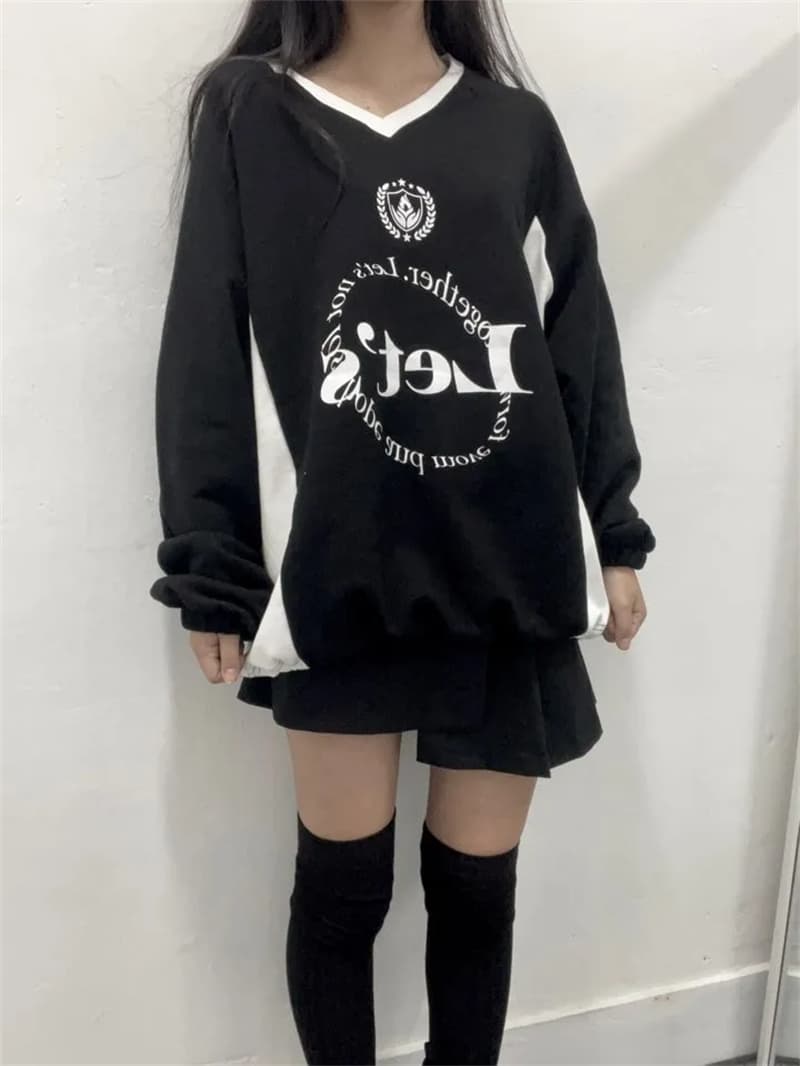 가을 한국 일본식 하라주쿠 알파벳 거리 레트로 프린트 배색 패치워크 V넥 운동 후드티 루즈핏 상세 이미지 35