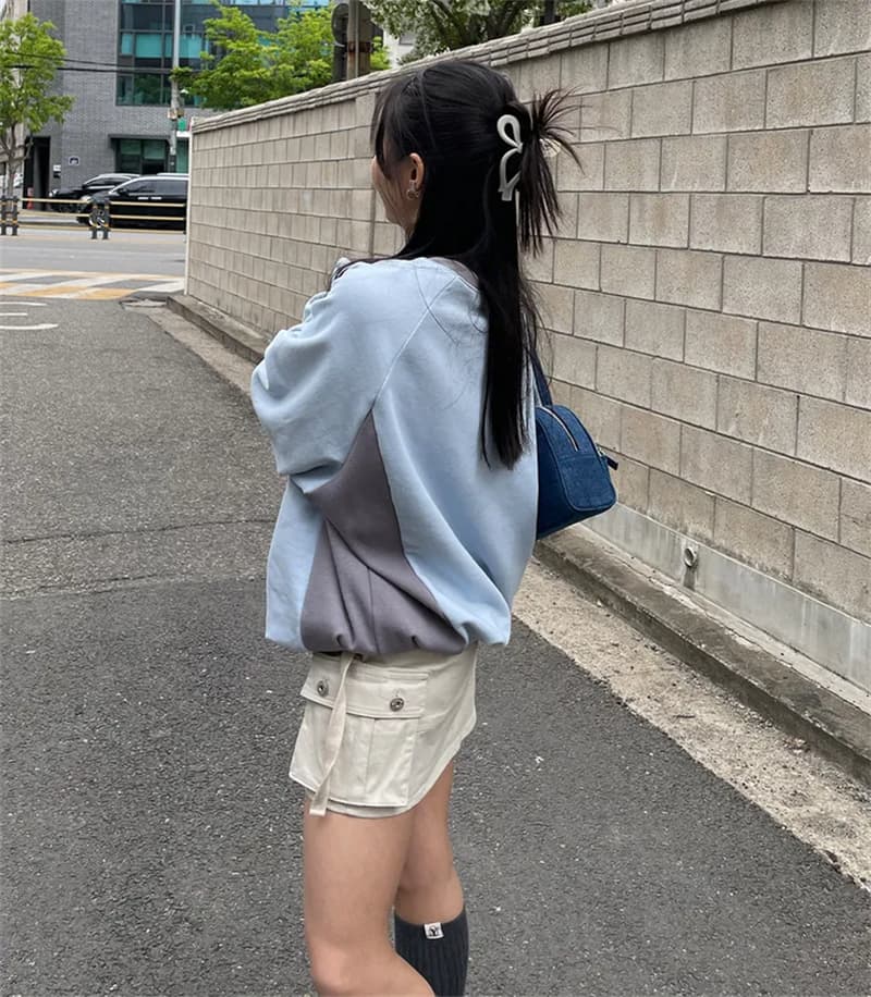 가을 한국 일본식 하라주쿠 알파벳 거리 레트로 프린트 배색 패치워크 V넥 운동 후드티 루즈핏 상세 이미지 39