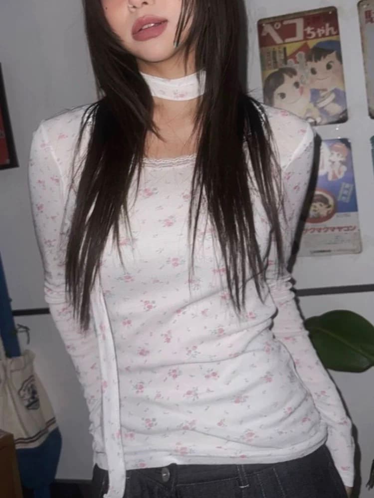 이른 가을 새로운 한국 소녀 바람 꽃무늬 꽃 프린트 레이스 레이스 행침 목 레이스업 만나는 긴팔 티셔츠 상세 이미지 14