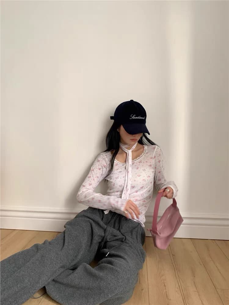 이른 가을 새로운 한국 소녀 바람 꽃무늬 꽃 프린트 레이스 레이스 행침 목 레이스업 만나는 긴팔 티셔츠 상세 이미지 15