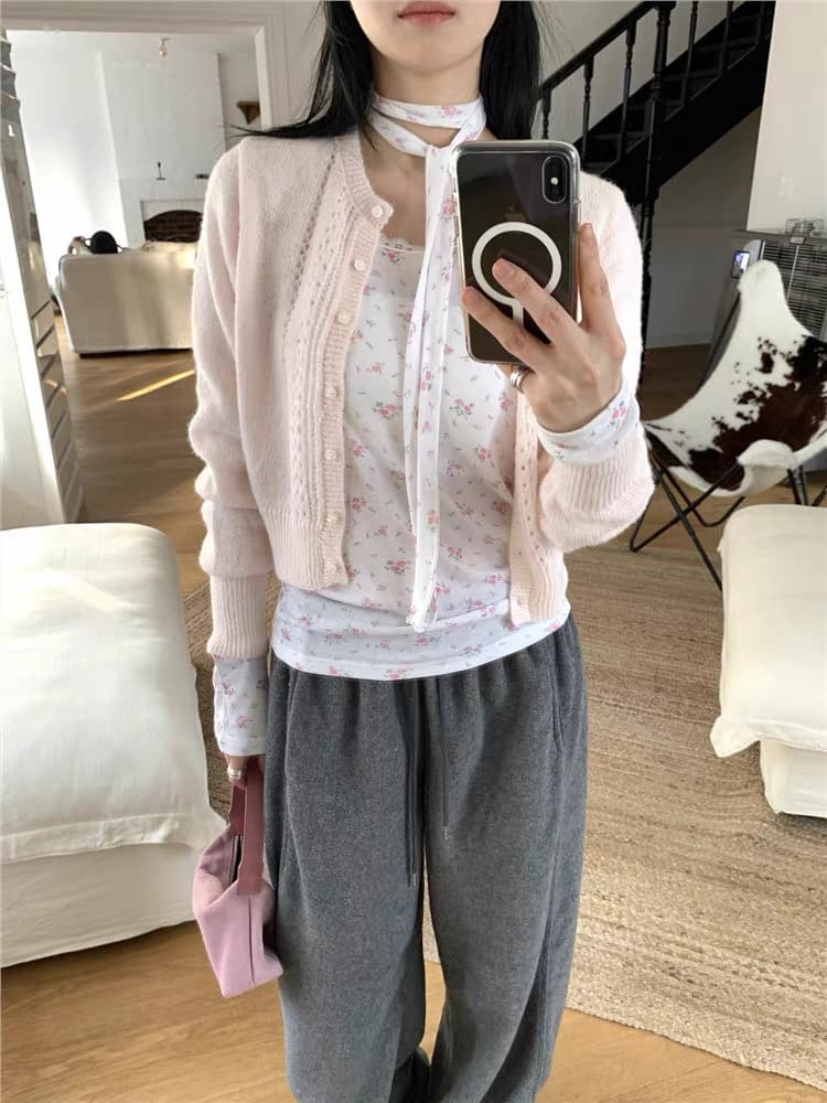 이른 가을 새로운 한국 소녀 바람 꽃무늬 꽃 프린트 레이스 레이스 행침 목 레이스업 만나는 긴팔 티셔츠 상세 이미지 16