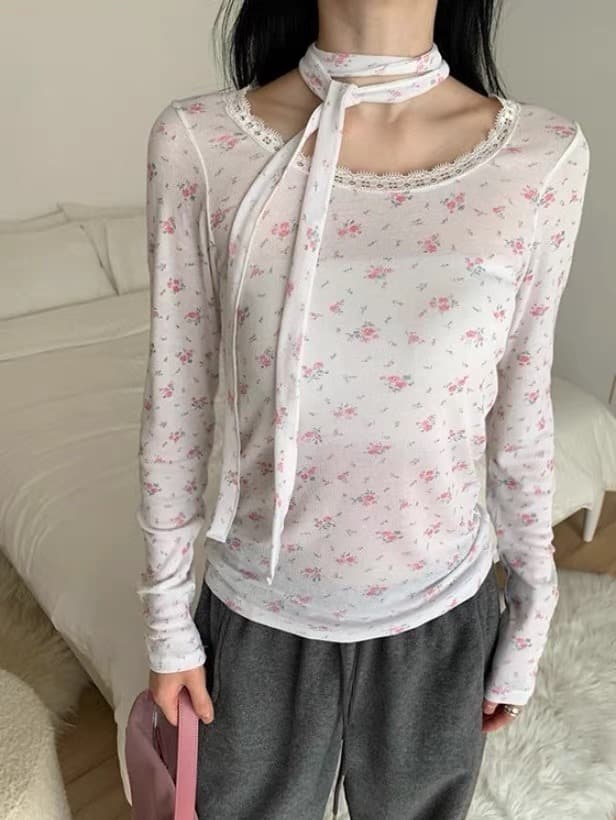 이른 가을 새로운 한국 소녀 바람 꽃무늬 꽃 프린트 레이스 레이스 행침 목 레이스업 만나는 긴팔 티셔츠 상세 이미지 19