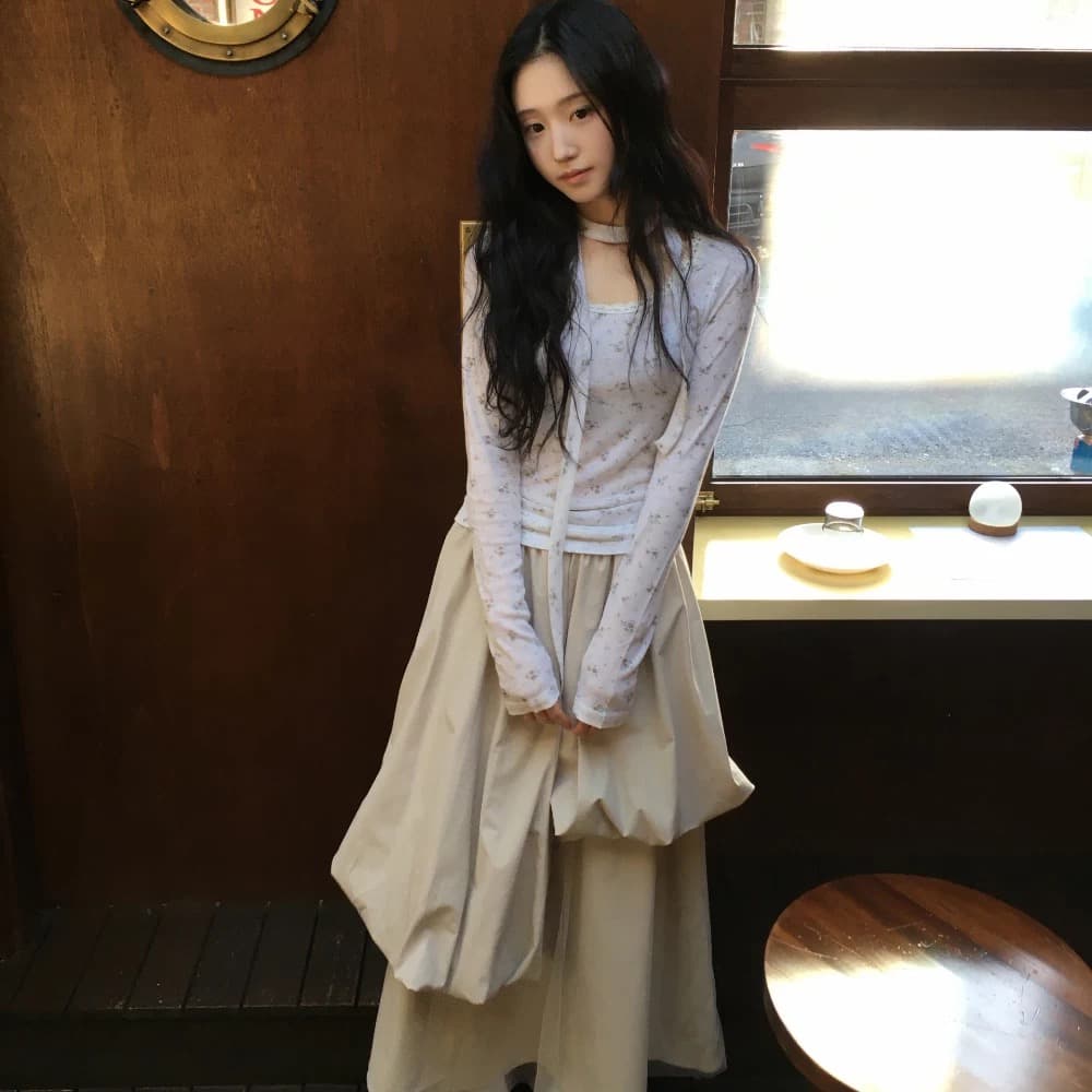 이른 가을 새로운 한국 소녀 바람 꽃무늬 꽃 프린트 레이스 레이스 행침 목 레이스업 만나는 긴팔 티셔츠 상세 이미지 33
