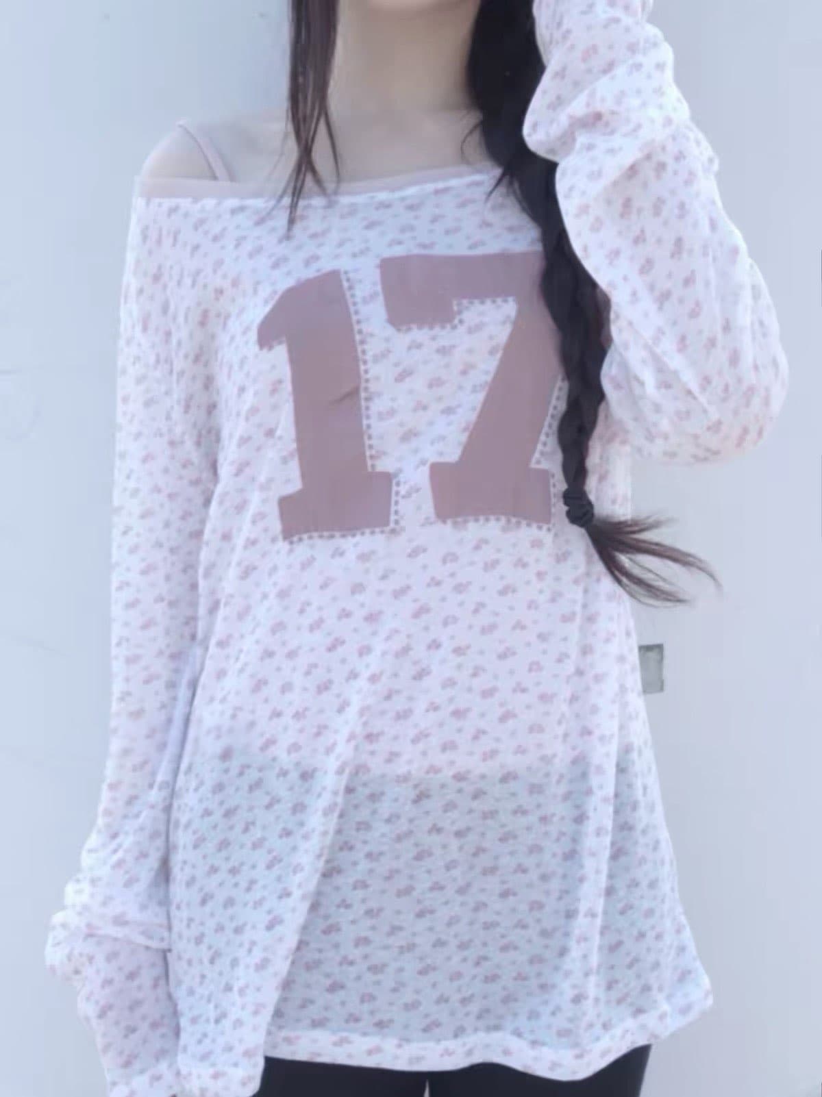 가을 새로운 한국 학원 소녀 꽃무늬 숫자 프린트 라이 경기 서울 얇은 스타일 긴팔 루즈핏 티셔츠 맨위 상세 이미지 5