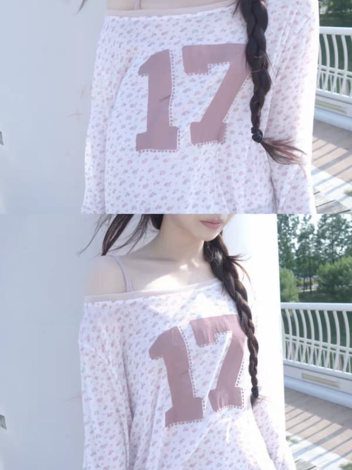 가을 새로운 한국 학원 소녀 꽃무늬 숫자 프린트 라이 경기 서울 얇은 스타일 긴팔 루즈핏 티셔츠 맨위 상세 이미지 6