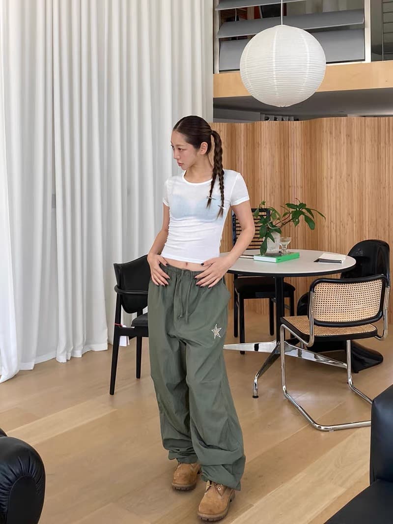 이른 가을 새로운 한국 디자인 중성 레트로 캐주얼 자수 오각형 별 나일론 펌프 로프 긴 바지 우산 바지 상세 이미지 3