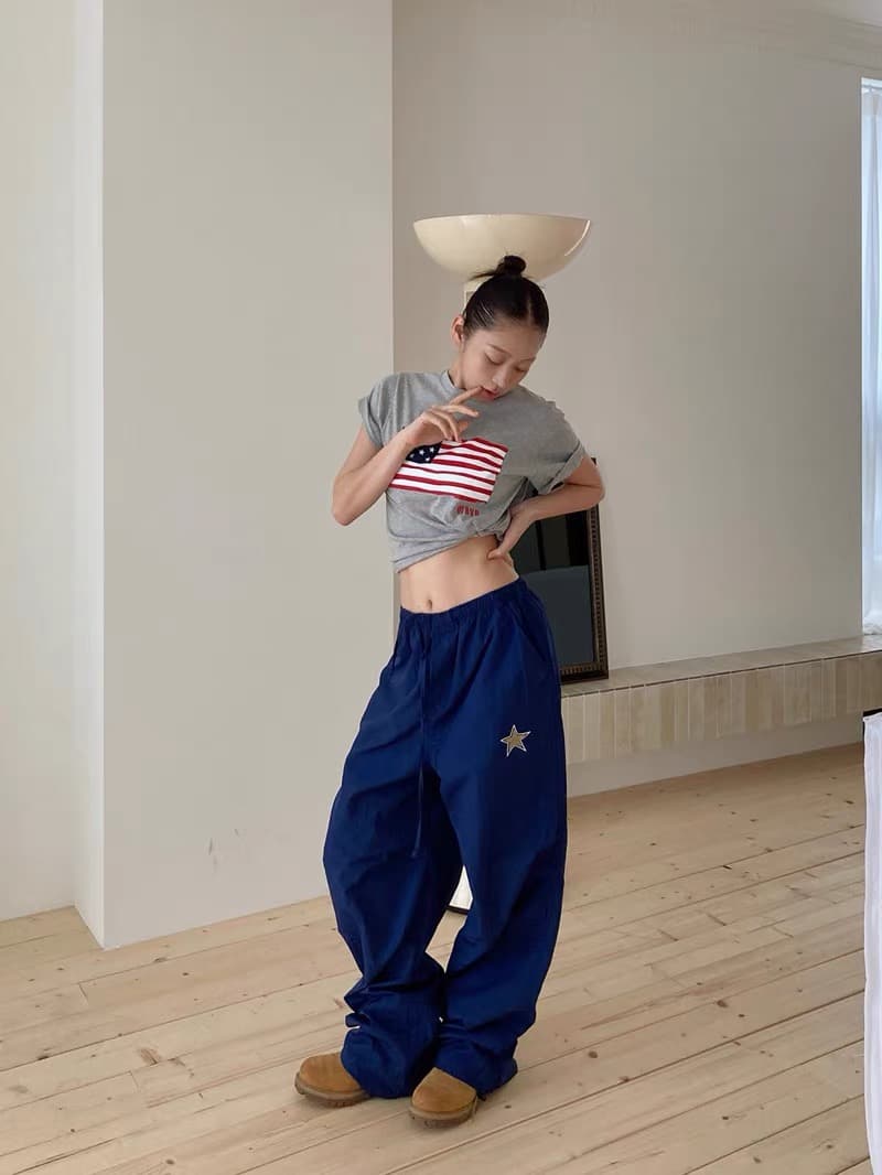 이른 가을 새로운 한국 디자인 중성 레트로 캐주얼 자수 오각형 별 나일론 펌프 로프 긴 바지 우산 바지 상세 이미지 4