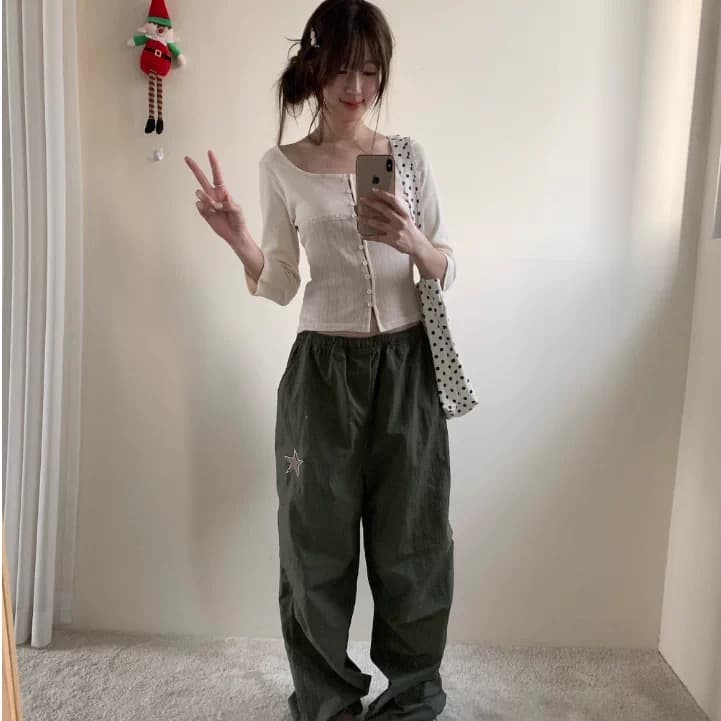 이른 가을 새로운 한국 디자인 중성 레트로 캐주얼 자수 오각형 별 나일론 펌프 로프 긴 바지 우산 바지 상세 이미지 24