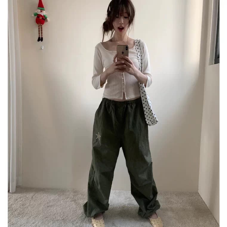 이른 가을 새로운 한국 디자인 중성 레트로 캐주얼 자수 오각형 별 나일론 펌프 로프 긴 바지 우산 바지 상세 이미지 25