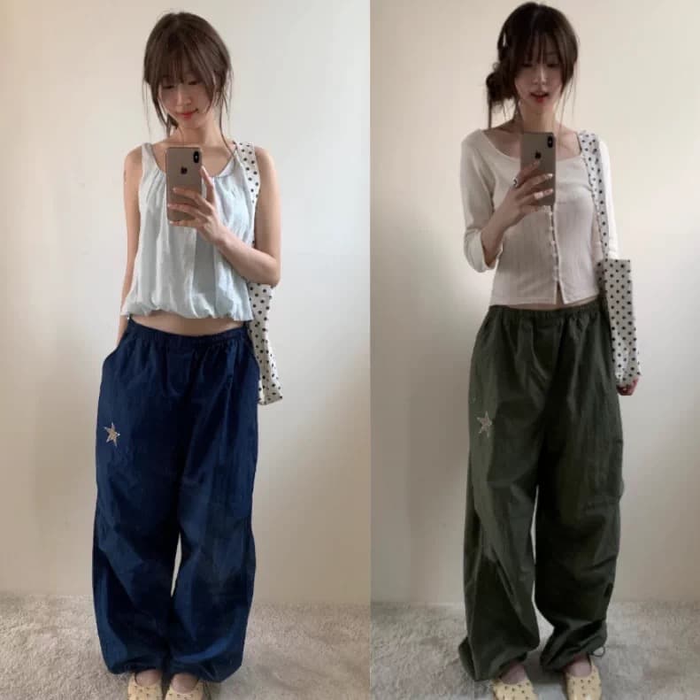 이른 가을 새로운 한국 디자인 중성 레트로 캐주얼 자수 오각형 별 나일론 펌프 로프 긴 바지 우산 바지 상세 이미지 27