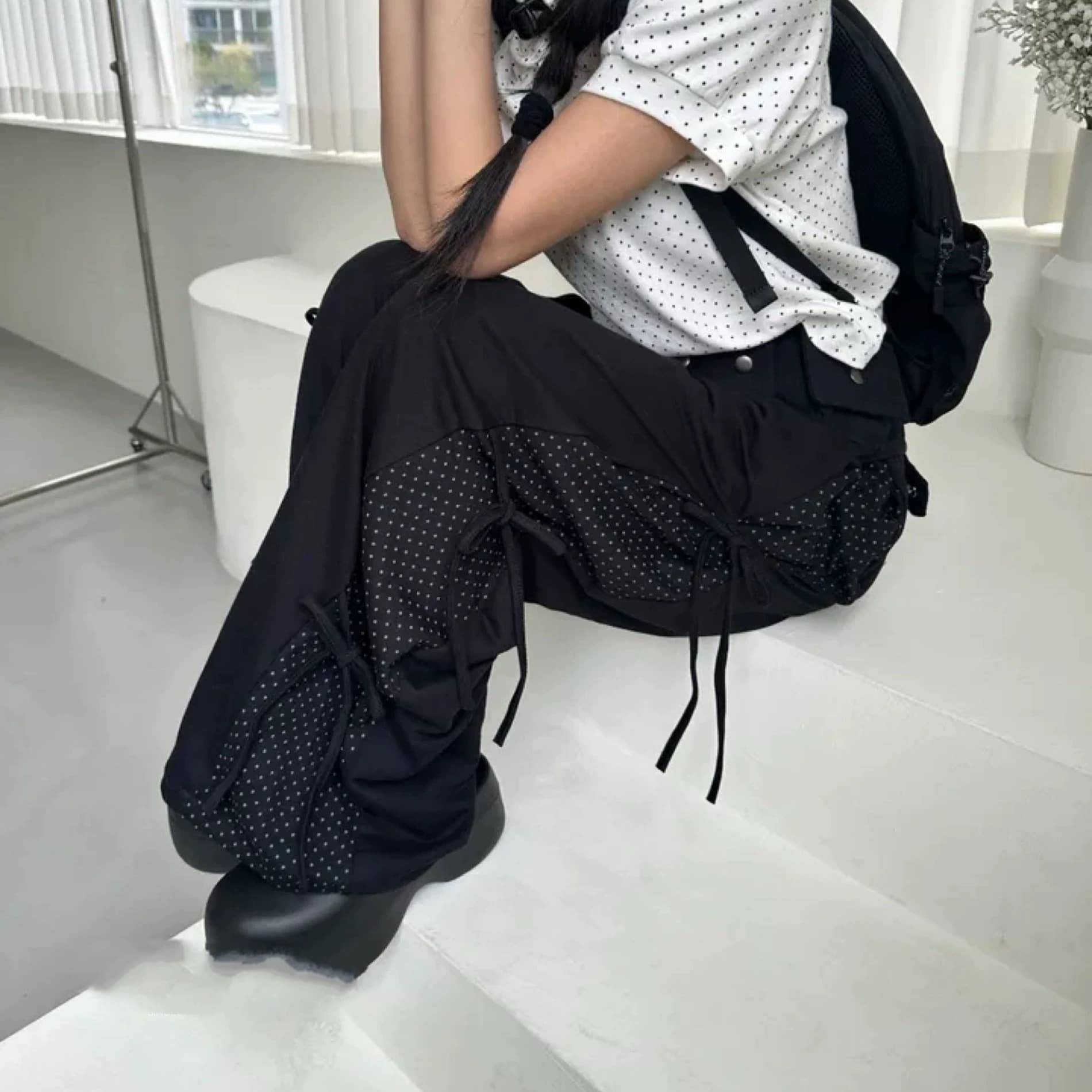 가을 겨울 한국 학원 측면 도트 무늬 패치워크 패치워크 색상 레이스업 스트랩 웨이 바지 캐주얼 바지 긴 바지 소녀 일본식 이미지 5