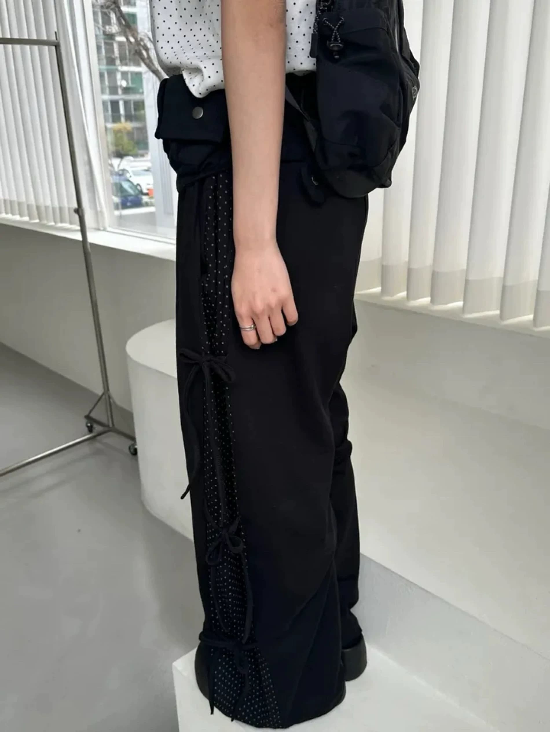 가을 겨울 한국 학원 측면 도트 무늬 패치워크 패치워크 색상 레이스업 스트랩 웨이 바지 캐주얼 바지 긴 바지 소녀 일본식 상세 이미지 17