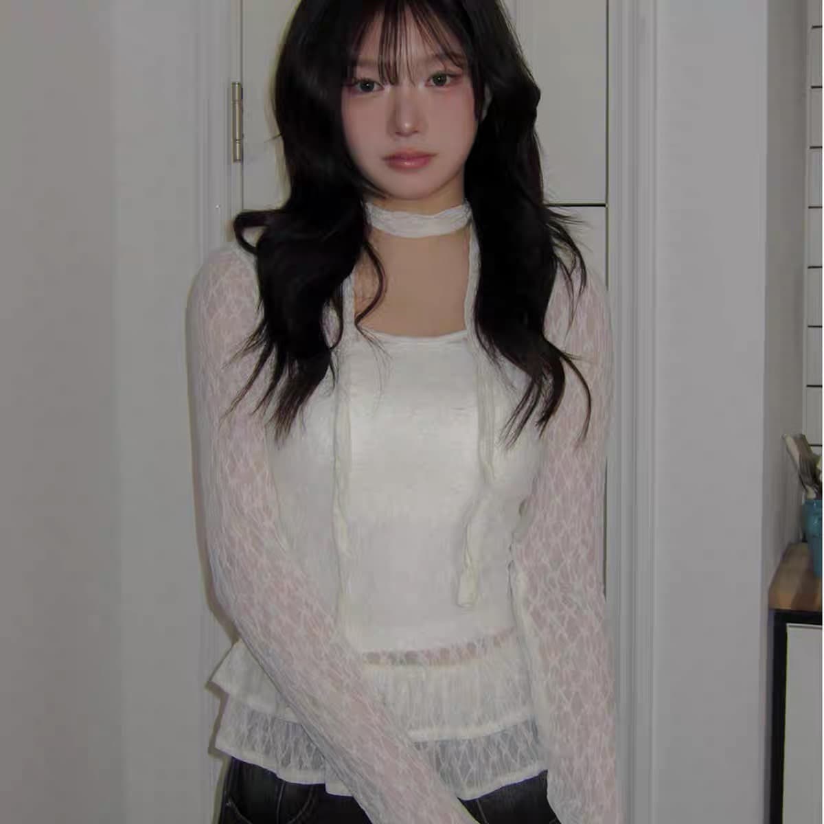 3 색 가을 겨울 새로운 한국 소녀 레트로 레이스 3 차원 리본 장식 치마 긴팔 맨위 티셔츠 궁정 상세 이미지 2