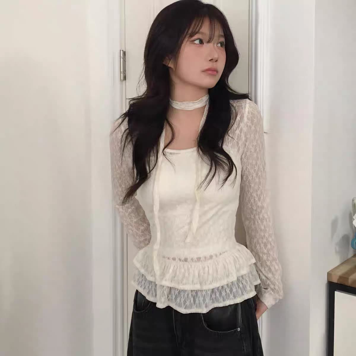 3 색 가을 겨울 새로운 한국 소녀 레트로 레이스 3 차원 리본 장식 치마 긴팔 맨위 티셔츠 궁정 상세 이미지 3
