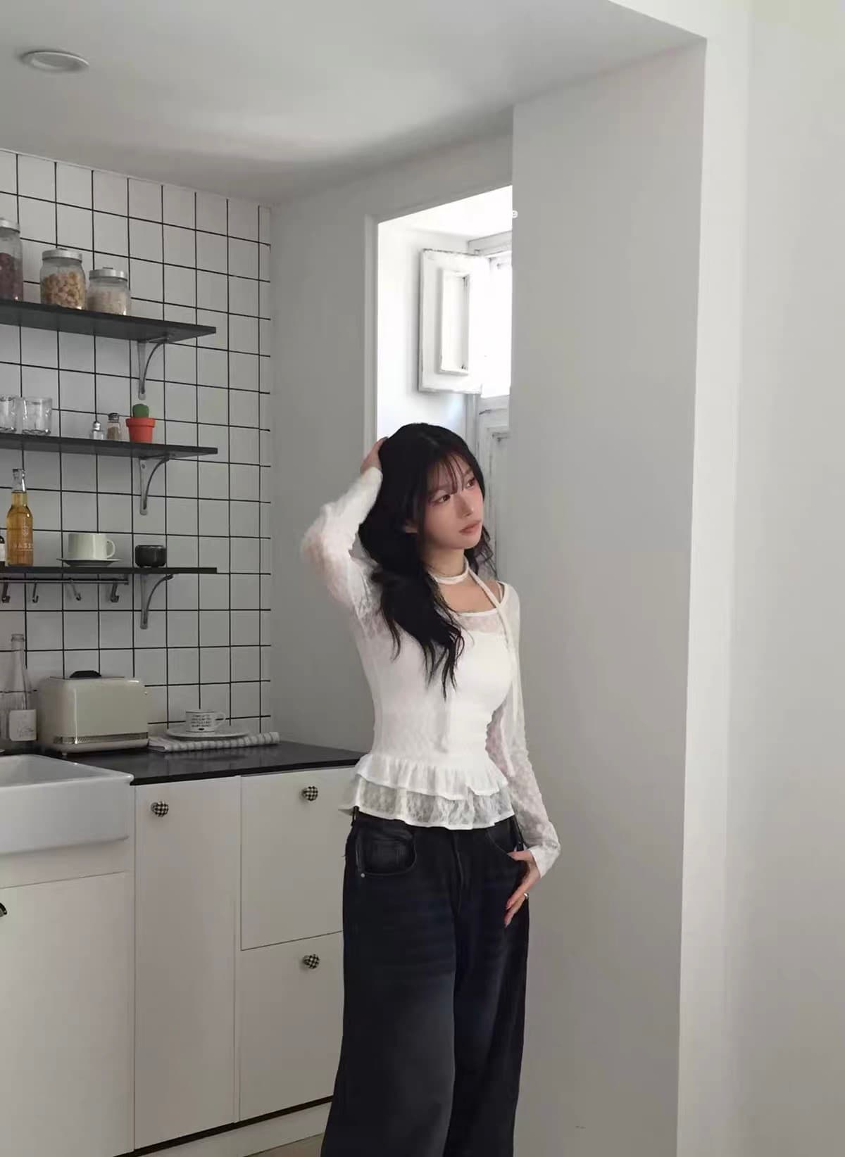 3 색 가을 겨울 새로운 한국 소녀 레트로 레이스 3 차원 리본 장식 치마 긴팔 맨위 티셔츠 궁정 상세 이미지 16