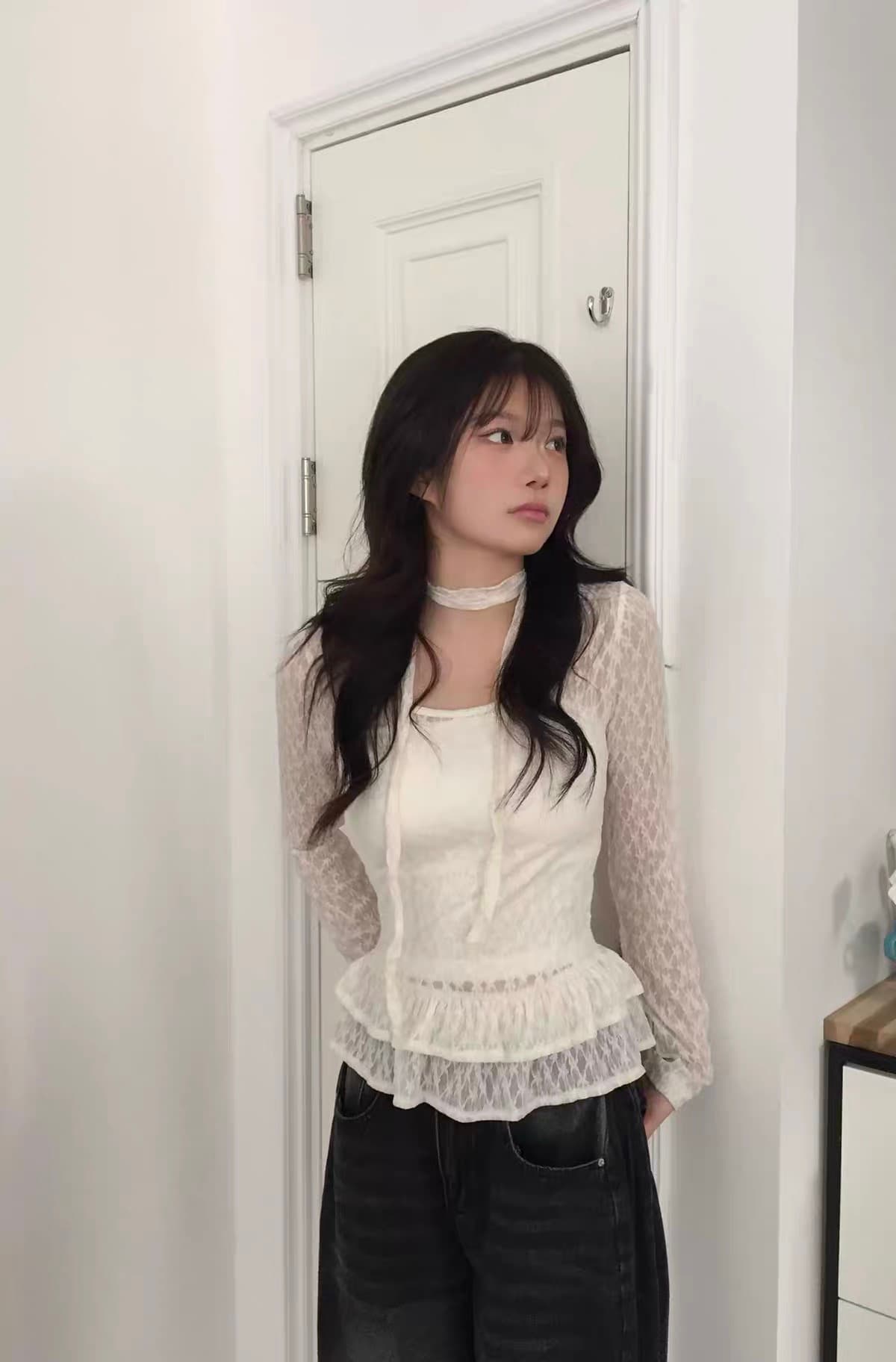 3 색 가을 겨울 새로운 한국 소녀 레트로 레이스 3 차원 리본 장식 치마 긴팔 맨위 티셔츠 궁정 상세 이미지 19