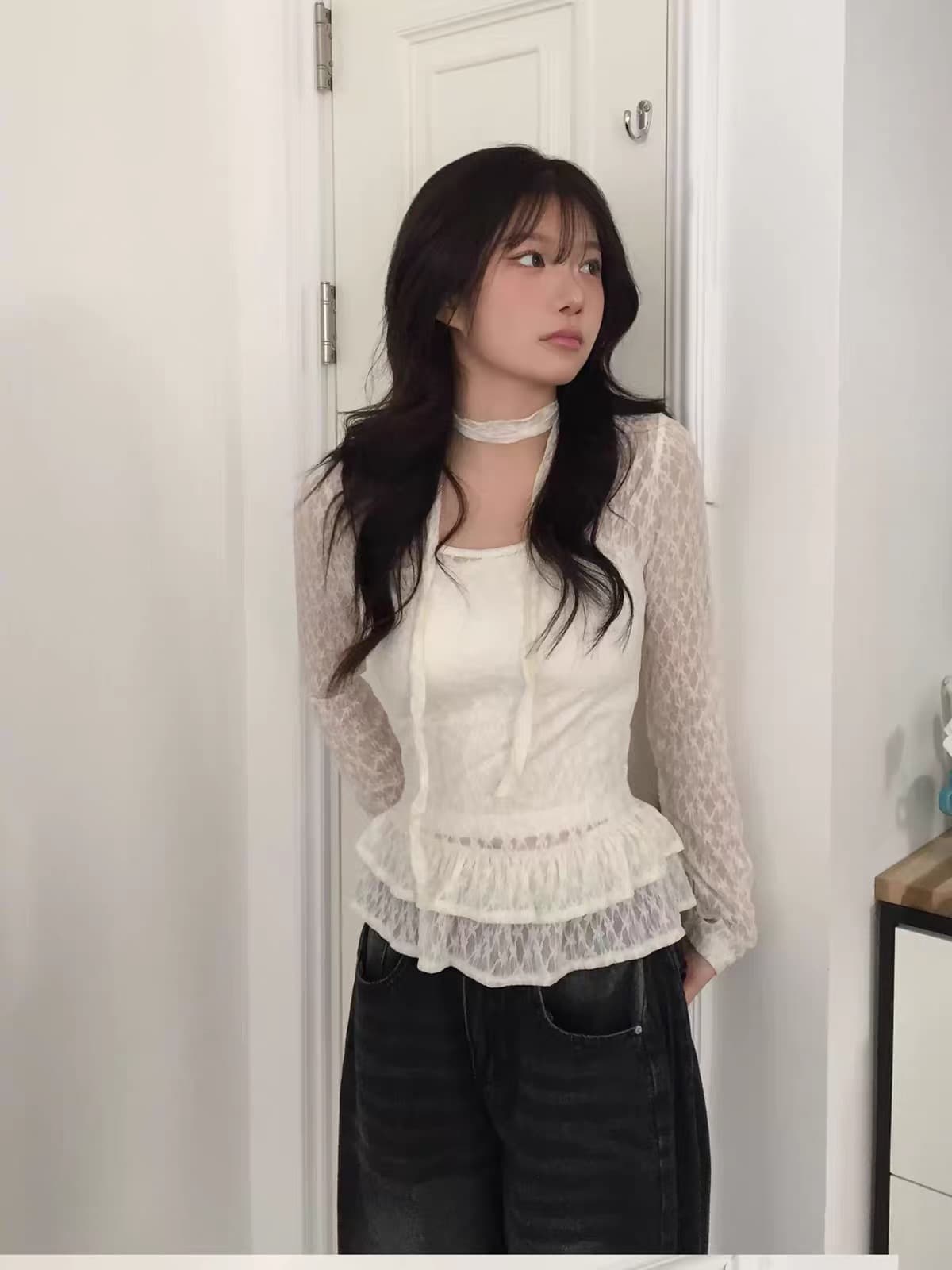 3 색 가을 겨울 새로운 한국 소녀 레트로 레이스 3 차원 리본 장식 치마 긴팔 맨위 티셔츠 궁정 상세 이미지 23
