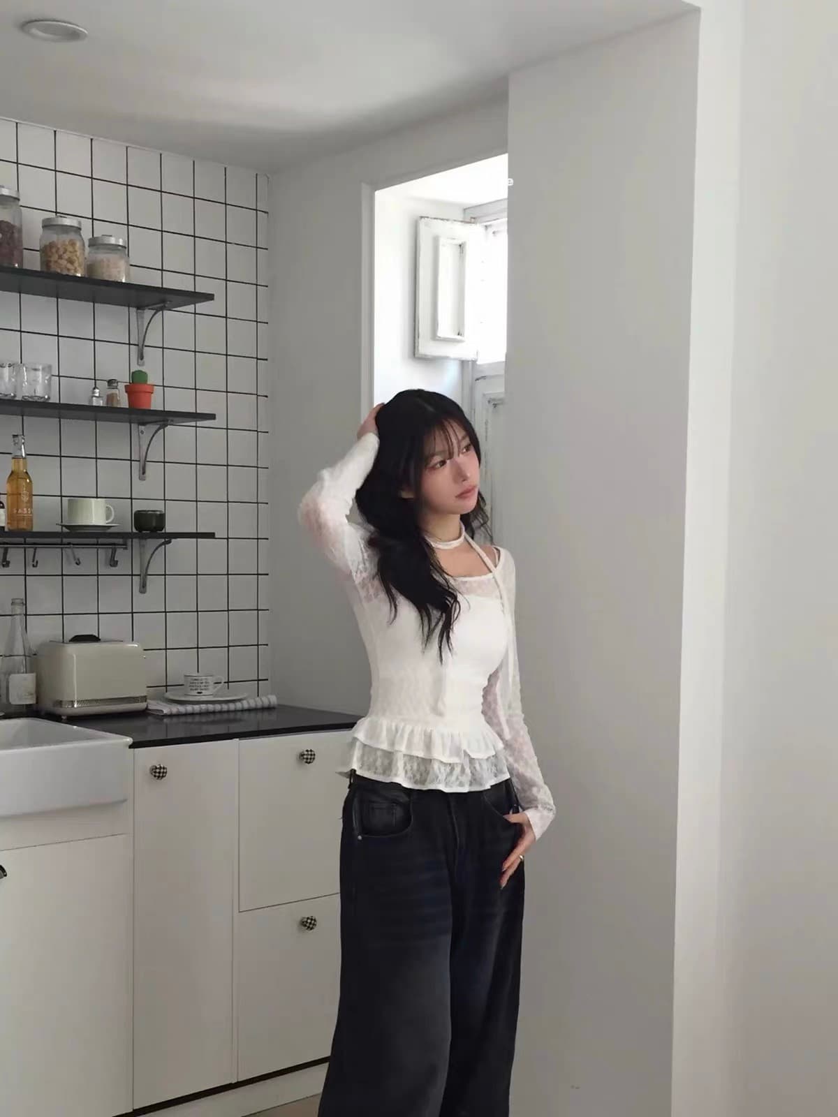 3 색 가을 겨울 새로운 한국 소녀 레트로 레이스 3 차원 리본 장식 치마 긴팔 맨위 티셔츠 궁정 상세 이미지 24