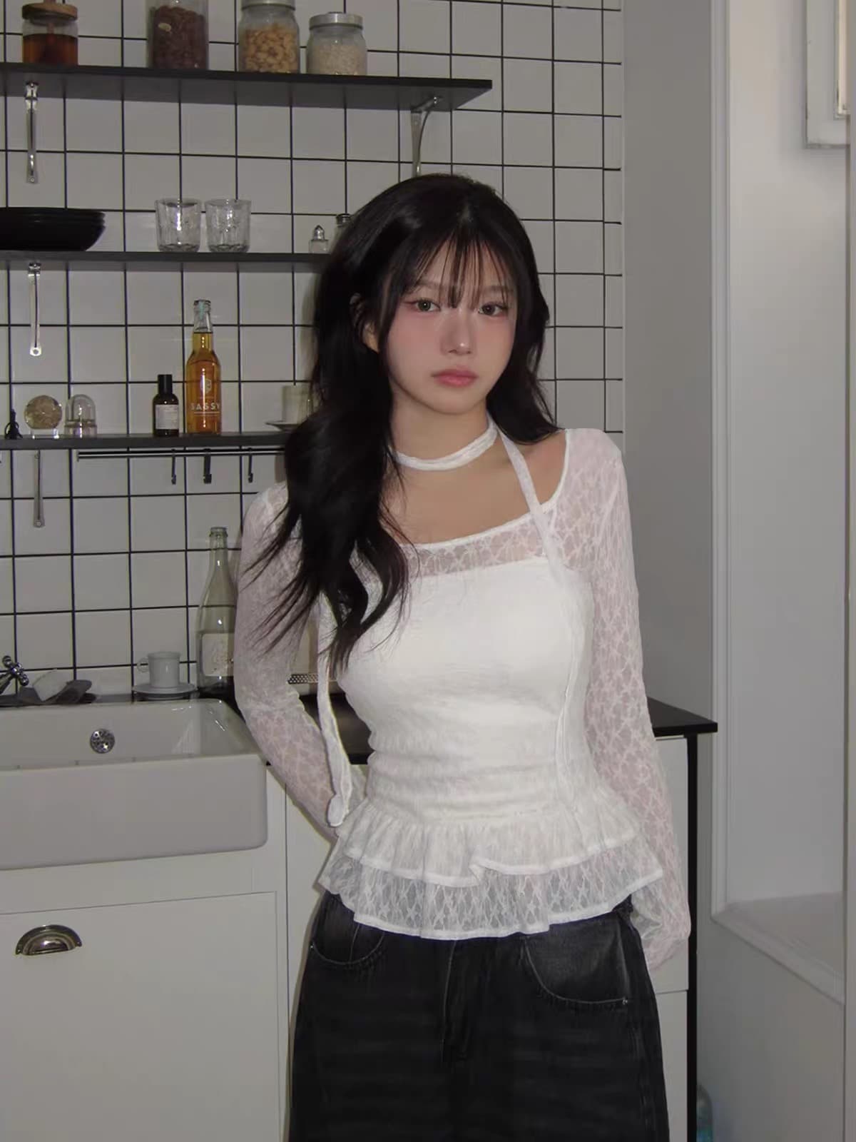 3 색 가을 겨울 새로운 한국 소녀 레트로 레이스 3 차원 리본 장식 치마 긴팔 맨위 티셔츠 궁정 상세 이미지 26