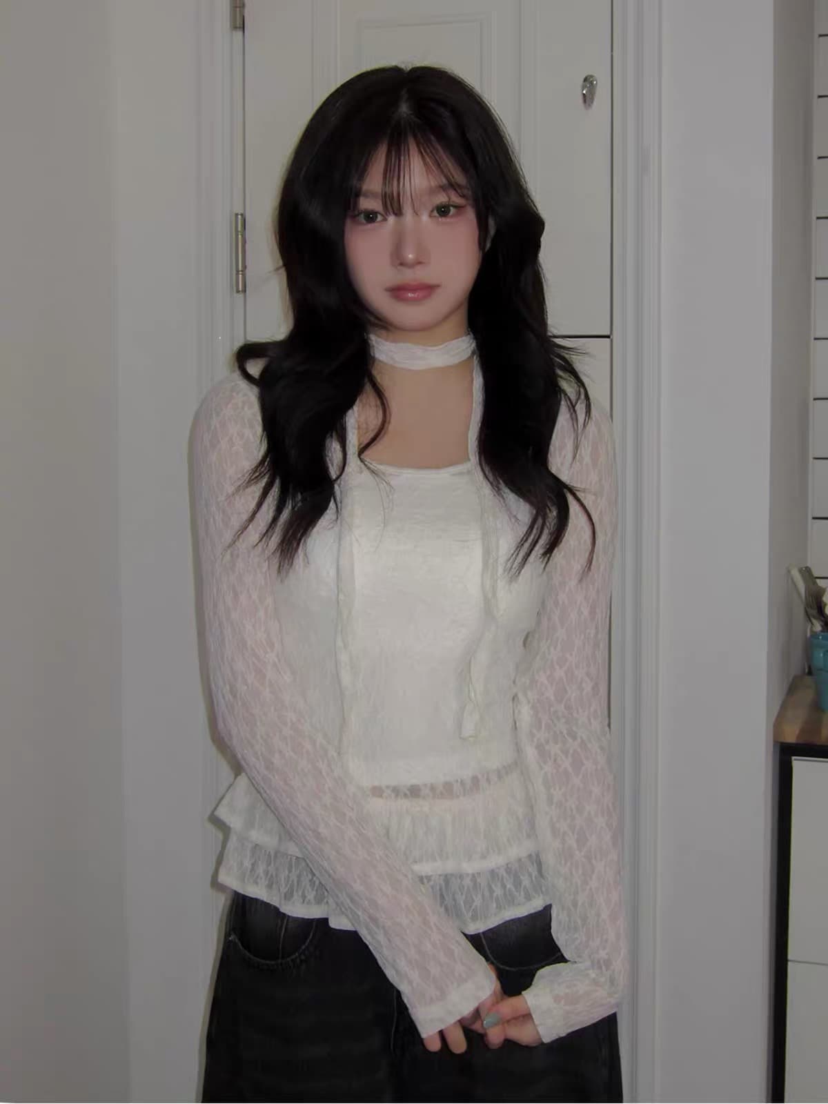 3 색 가을 겨울 새로운 한국 소녀 레트로 레이스 3 차원 리본 장식 치마 긴팔 맨위 티셔츠 궁정 상세 이미지 27
