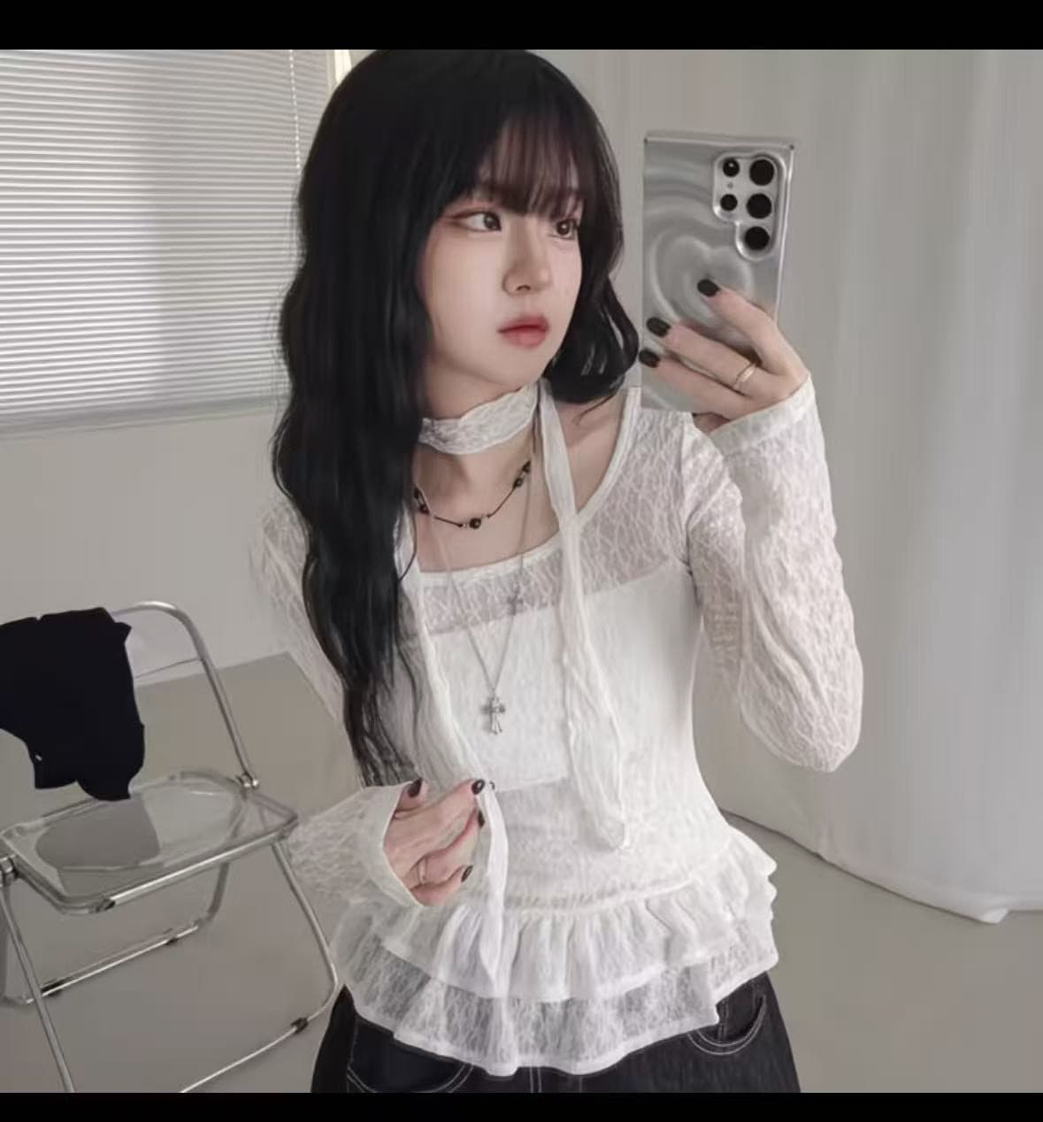 3 색 가을 겨울 새로운 한국 소녀 레트로 레이스 3 차원 리본 장식 치마 긴팔 맨위 티셔츠 궁정 상세 이미지 28